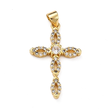 Brass Micro Pave Clear Cubic Zirconia Pendants, Cross, Real 18K Gold Plated, 28x17.5x3.5mm, Hole: 4x3mm
