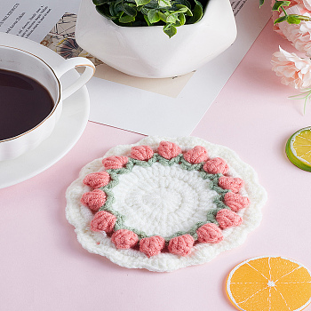 1Pc Polyester Cup Mats, Resistant Pot Mats, for Home Kitchen, Flat Round with Tulip, White, 115x5mm