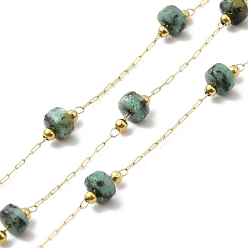 Ion Plating(IP) 316 Surgical Stainless Steel Paperclip Chains, with Natural African Jade Column Beads, Soldered, Real 18K Gold Plated, with Spool, Link: 2.5x1x0.3mm