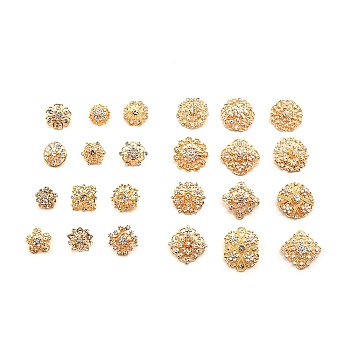 24Pcs 24 Style Exquisite Alloy Rhinestone Brooches Set, Flower & Hexagon & Rhombus & Flat Round Lapel Pins for Wedding Party, Golden, Crystal, 20~37.5x20~34x10~14mm, 1pc/style