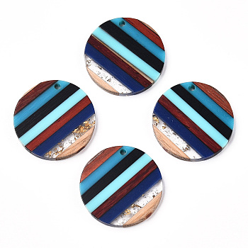 Resin & Walnut Wood Pendants, with Gold Foil, Flat Round Charms, Cyan, 28x3.5mm, Hole: 2mm