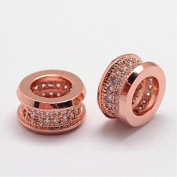 Brass Micro Pave Cubic Zirconia Beads, Column, Large Hole Beads, Lead Free & Nickel Free, Rose Gold, 10x5.5mm, Hole: 6mm