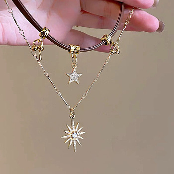 Zinc Alloy Crystal Rhinestone Sun Star Pendant PU Leather Cord Double Layer Necklaces for Women, Golden, Sandy Brown, 13.58 inch(34.5cm) and 14.76 inch(37.5cm), 2pcs/set