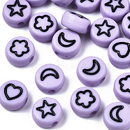 Opaque Acrylic Beads, with Enamel, Flat Round with Heart & Star & Moon & Flower, Lilac, 7x4mm, Hole: 1.5mm(X-MACR-N008-33E)