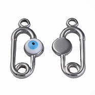 304 Stainless Steel Enamel Pendants, Oval with Evil Eye, Stainless Steel Color, White, 20x10x3mm, Hole: 1.6mm(STAS-N087-52-02P)