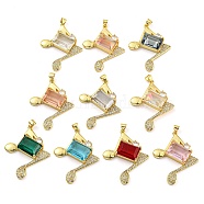 Rack Plating Brass Micro Pave Clear Cubic Zirconia Pendants, with Glass, Long-Lasting Plated, Cadmium Free & Lead Free, Real 18K Gold Plated, Musical Note Charms, Mixed Color, 37x30.5x7mm, Hole: 4x3.5mm(ZIRC-L100-157G)