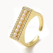 Rectangle Rack Plating Brass Micro Pave Clear Cubic Zirconia Open Cuff Rings, with ABS Imitation Pearl, Real 18K Gold Plated, Inner Diameter: 17.8mm(RJEW-M162-09G)