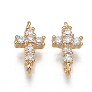 Brass Micro Pave Cubic Zirconia Links, Nickel Free, Real 18K Gold Plated, Cross, Clear, 9x5x2.5mm, Hole: 0.6mm(KK-T038-386G)