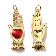 Rack Plating Brass Cubic Zirconia Pendants, with Enamel, Lead Free & Cadmium Free, Long-Lasting Plated, Palm with Love, Real 18K Gold Plated, 27.5x10x4mm, Hole: 3.6mm(KK-D026-30G)