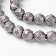Faceted Round Non-Magnetic Synthetic Hematite Beads Strands, Frosted, 8mm, Hole: 1mm, about 52pcs/strand, 15.7 inch(G-D800-04)