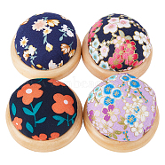 4Pcs 4 Style Flower Pattern Japanese Style Cotton & Cloth Needle Pin Cushions, Wood Base Needle Pin Cushions, Mixed Color, 71~79x37~44mm, 1pc/style(DIY-DC0001-98)