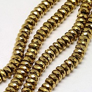 Electroplate Non-magnetic Synthetic Hematite Beads Strands, Faceted, Rondelle, Grade A, Golden Plated, 8x4mm, Hole: 1.2mm, about 83pcs/strand, 16 inch(G-J160-E-02)