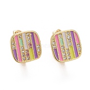 Colorful Enamel Stripe Rectangle Hoop Earrings with Cubic Zirconia, Rack Plating Brass Jewelry for Women, Cadmium Free & Lead Free & Nickle Free, Real 18K Gold Plated, 9.5x10mm, Pin: 0.8mm(X-EJEW-I265-06G)