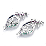 Brass Micro Pave Colorful Cubic Zirconia Links Connectors, for Mother's Day, Cadmium Free & Nickel Free & Lead Free, Eye with Word Mom, Real Platinum Plated, 10x25x3mm, Hole: 1.4mm(KK-S061-100P-NR)