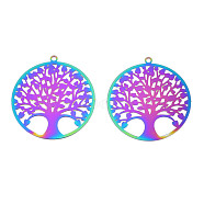 Ion Plating(IP) 201 Stainless Steel Filigree Pendants, Etched Metal Embellishments, Tree of Life, Rainbow Color, 27x25x0.2mm, Hole: 1.2mm(STAS-S118-085)