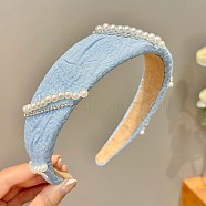 Cloth Hair Bands, Imitation Pearl Bead Hair Accessories for Women Girls, Light Blue, 120mm(OHAR-PW0008-002A)