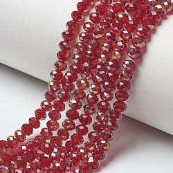 Electroplate Transparent Glass Beads Strands, Half Rainbow Plated, Faceted, Rondelle, Dark Red, 8x6mm, Hole: 1mm, about 65~68pcs/strand, 15.7~16.1 inch(40~41cm)(EGLA-A034-T8mm-H13)
