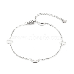 304 Stainless Steel Cable Chain Anklets, with  Moon & Star Link and Lobster Claw Clasps, Stainless Steel Color, 8-7/8 inch(22.5cm)(AJEW-H104-05P)
