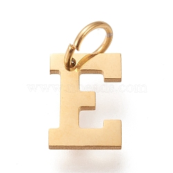 304 Stainless Steel Pendants, with Jump Rings, Manual Polishing, Golden, Letter.E, 10x7x1mm, Hole: 4.5mm(STAS-M276-A11)