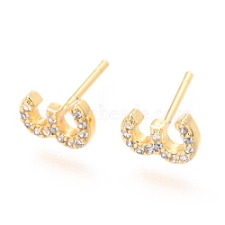 Brass Micro Pave Clear Cubic Zirconia Stud Earrings, Greek Alphabet, Real 18k Gold Plated, Letter.E, 10x7x1.9mm, Pin: 0.85mm(EJEW-O103-24G)