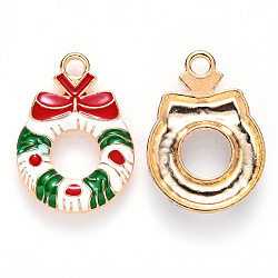 Alloy Enamel Pendants, for Christmas, Christmas Wreath with Bowknot, Light Gold, Colorful, 23x16x3mm, Hole: 2mm(ENAM-S121-009)