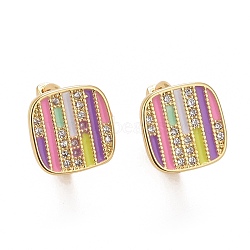 Colorful Enamel Stripe Rectangle Hoop Earrings with Cubic Zirconia, Rack Plating Brass Jewelry for Women, Cadmium Free & Lead Free & Nickle Free, Real 18K Gold Plated, 9.5x10mm, Pin: 0.8mm(X-EJEW-I265-06G)
