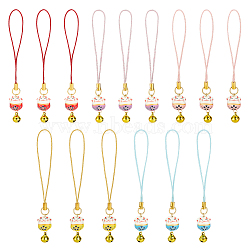 Handmade Printed Porcelain Beads Pendant Decorations, with Brass Bell Charms for Phone Hand Strap Chains, Cat Shape, Golden, Mixed Color, 97mm, 3pcs/color (HJEW-MA00043)