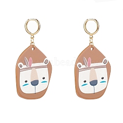 (Jewelry Parties Factory Sale)Golden Plated Brass Huggie Hoop Earring, with Acrylic Pendants, Polygon with Bear Pattern, Sienna, 66mm, Pin: 1mm(EJEW-JE04484-03)