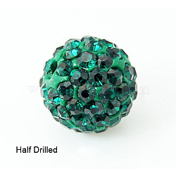 Polymer Clay Rhinestone Beads, Pave Disco Ball Beads, Grade A, Round, Half Drilled, Emerald, 8mm, Hole: 1mm(RB-H258-HD8mm-205)
