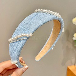 Cloth Hair Bands, Imitation Pearl Bead Hair Accessories for Women Girls, Light Blue, 120mm(OHAR-PW0008-002A)