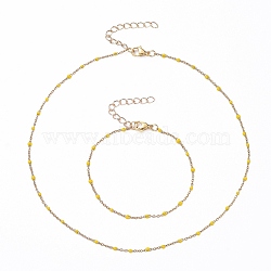 Golden Plated Enamel Stainless Steel Cable Chain Necklaces and Bracelets Sets, with Iron Extension Chain and 304 Stainless Steel Lobster Claw Clasps, Champagne Yellow, 16.92 inch(43cm), 7-5/8 inch(19.3cm)(SJEW-JS01104-03)