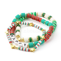 Handmade Polymer Clay Beads Stretch Bracelets Sets, with Brass Beads and Acrylic Enamel Beads, HAPPY, Dark Sea Green, Inner Diameter: 2-1/8 inch(5.5cm), 3pcs/set(BJEW-JB06353-04)