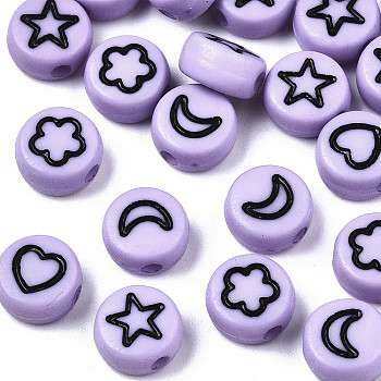 Opaque Acrylic Beads, with Enamel, Flat Round with Heart & Star & Moon & Flower, Lilac, 7x4mm, Hole: 1.5mm