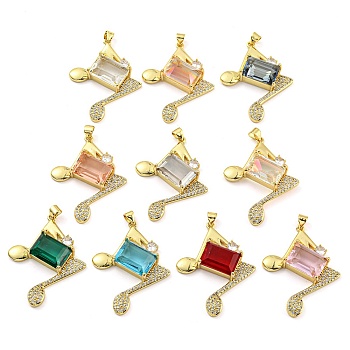 Rack Plating Brass Micro Pave Clear Cubic Zirconia Pendants, with Glass, Long-Lasting Plated, Cadmium Free & Lead Free, Real 18K Gold Plated, Musical Note Charms, Mixed Color, 37x30.5x7mm, Hole: 4x3.5mm