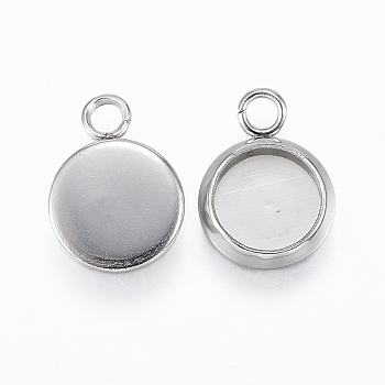 304 Stainless Steel Pendant Cabochon Settings, Flat Round, Stainless Steel Color, Tray: 6mm, 11x8x1.5mm, Hole: 2mm