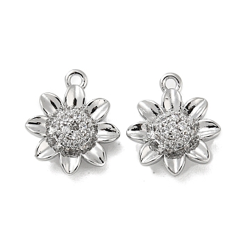 Brass Micro Pave Clear Cubic Zirconia Charms, Flower, Real Platinum Plated, 12x10x4.5mm, Hole: 1mm