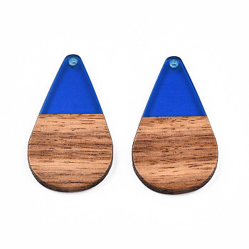 Transparent Resin & Walnut Wood Pendants, Teardrop Shape Charm, Blue, 38x22x3mm, Hole: 2mm