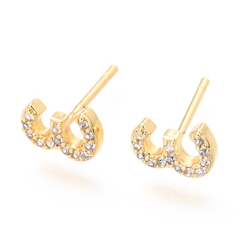 Brass Micro Pave Clear Cubic Zirconia Stud Earrings, Greek Alphabet, Real 18k Gold Plated, Letter.E, 10x7x1.9mm, Pin: 0.85mm