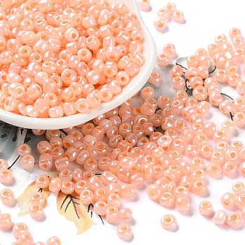 6/0 Glass Seed Beads, Ceylon, Round, Light Salmon, 4mm, Hole: 1.2mm, about 4500pcs/pound