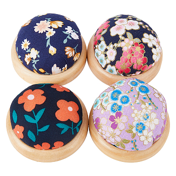 4Pcs 4 Style Flower Pattern Japanese Style Cotton & Cloth Needle Pin Cushions, Wood Base Needle Pin Cushions, Mixed Color, 71~79x37~44mm, 1pc/style