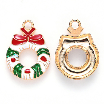 Alloy Enamel Pendants, for Christmas, Christmas Wreath with Bowknot, Light Gold, Colorful, 23x16x3mm, Hole: 2mm