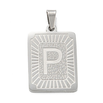 304 Stainless Steel Pendants, Rectangle with Alphabet, Letter.P, 30x20x1.5mm, Hole: 3x6mm