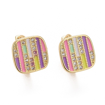 Colorful Enamel Stripe Rectangle Hoop Earrings with Cubic Zirconia, Rack Plating Brass Jewelry for Women, Cadmium Free & Lead Free & Nickle Free, Real 18K Gold Plated, 9.5x10mm, Pin: 0.8mm