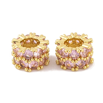 Rack Plating Brass Micro Pave Pink Cubic Zirconia European Beads, Long-Lasting Plated, Lead Free & Cadmium Free, Culumn, Real 18K Gold Plated, 9.5x6mm, Hole: 5mm