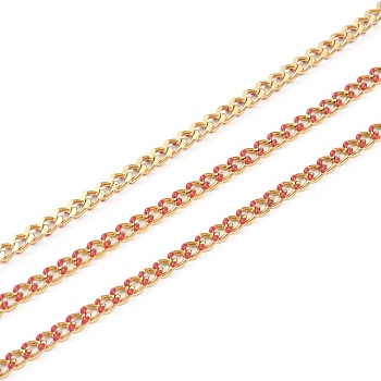 Handmade 304 Stainless Steel Enamel Curb Chains,Golden, with Spool, Unwelded, Long-Lasting Plated, Oval, Red, 5x4x1.5mm, , 32.8 Feet(10m)/roll