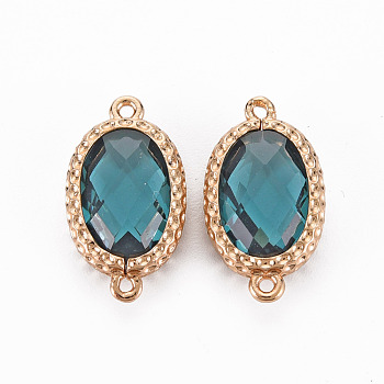 Glass Links Connectors, with Light Gold Tone Brass Findings, Long-Lasting Plated, Faceted, Oval, Dark Cyan, 18x10x4.5mm, Hole: 1mm
