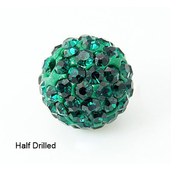 Polymer Clay Rhinestone Beads, Pave Disco Ball Beads, Grade A, Round, Half Drilled, Emerald, 8mm, Hole: 1mm