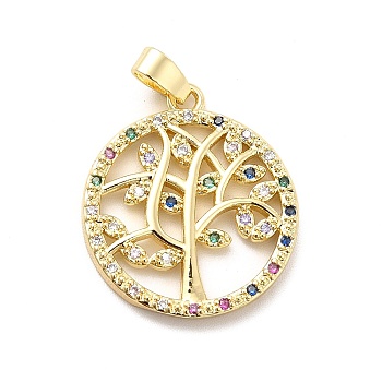 Brass Micro Pave Cubic Zirconia Pendants, Flat Round with Tree Charm, Real 18K Gold Plated, 21.5x19x2mm, Hole: 5x3mm