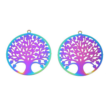 Ion Plating(IP) 201 Stainless Steel Filigree Pendants, Etched Metal Embellishments, Tree of Life, Rainbow Color, 27x25x0.2mm, Hole: 1.2mm