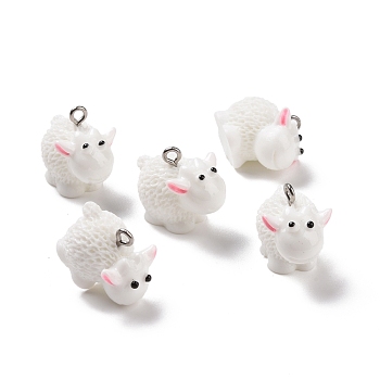 Opaque Resin Pendants, with Platinum Tone Iron Loops, Sheep Charm, White, 18x21.5x14mm, Hole: 2mm
